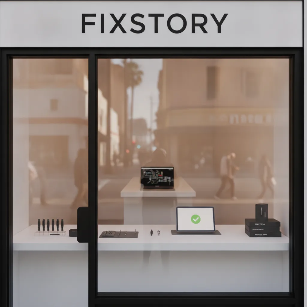 The exterior of the FIXSTORY shop in Downtown LA, with people walking by on the sidewalk.