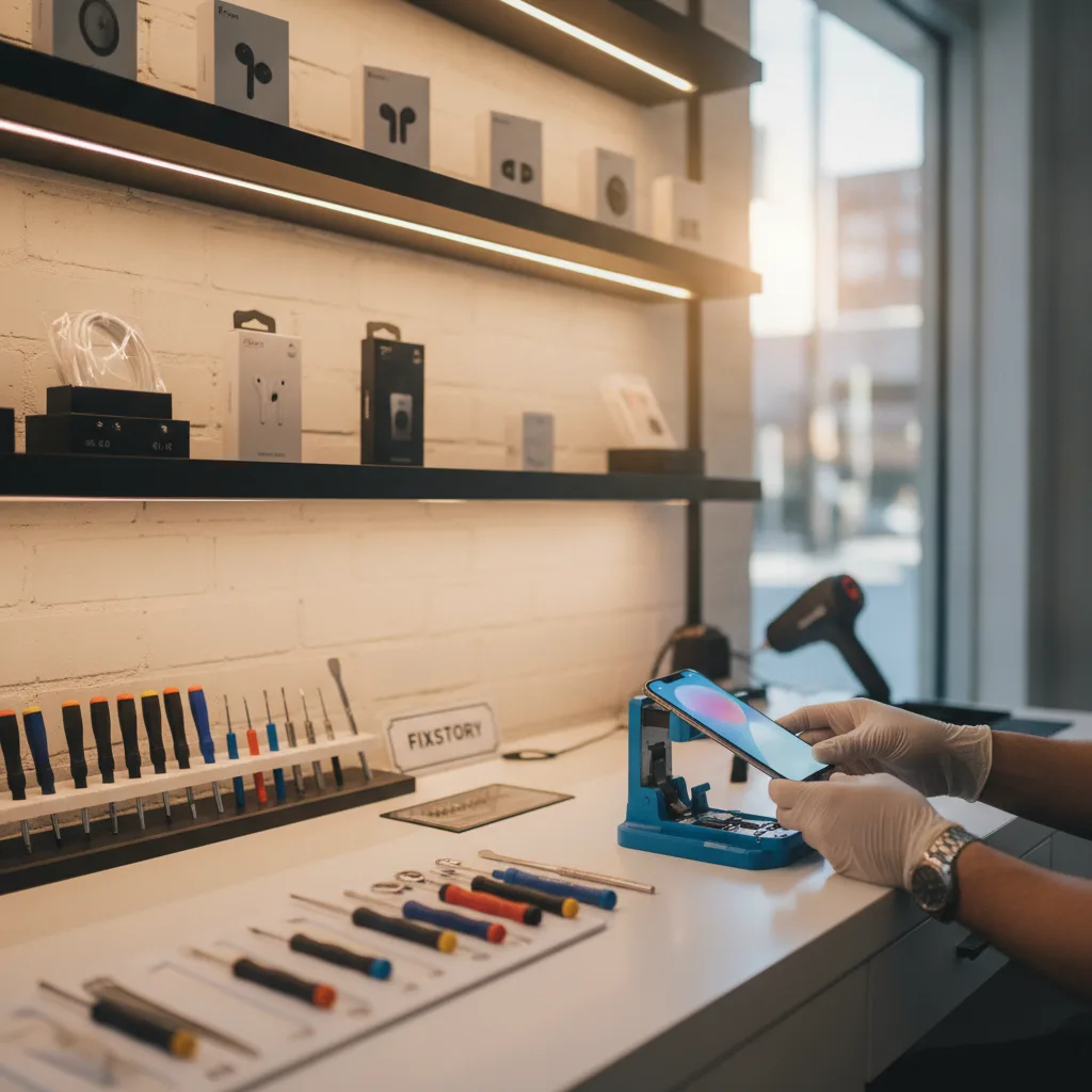 A clean, well-lit workbench at FIXSTORY with tools neatly laid out, showing a technician carefully p