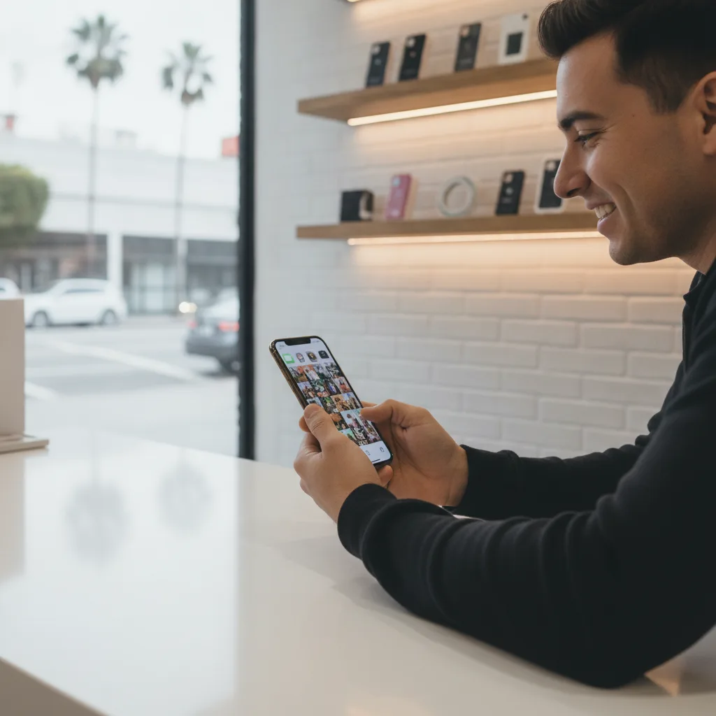 The same person from the first image now smiling and easily using their repaired iPhone, maybe scrol