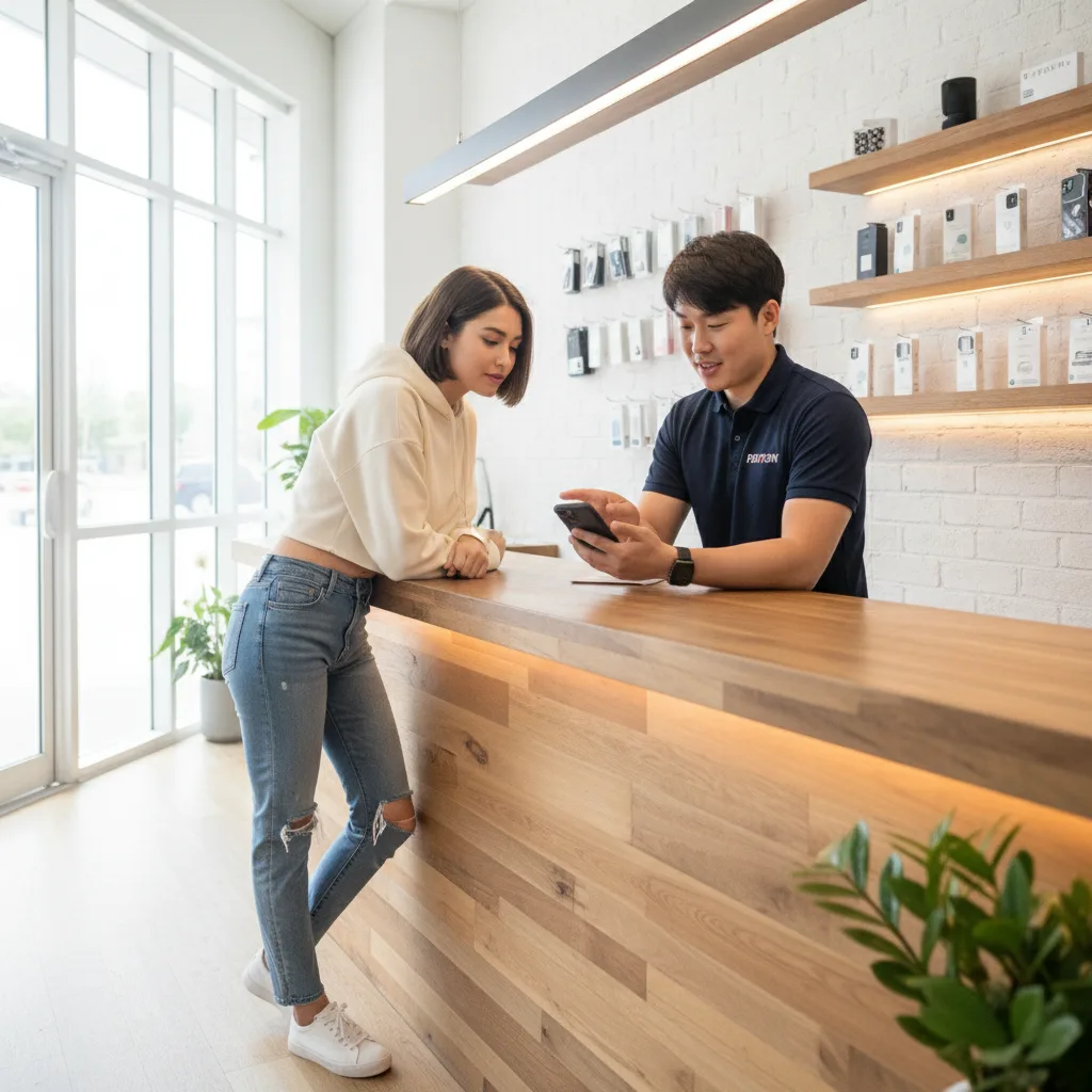 A friendly FIXSTORY technician at the counter, carefully examining a customer's iPhone.