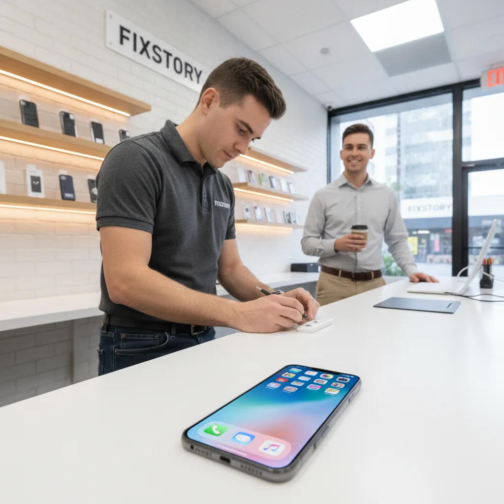Inside the FIXSTORY shop, a technician is skillfully replacing an iPhone screen while a customer wai