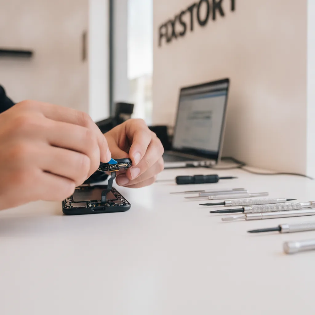 A technician at FIXSTORY carefully reattaching an iPhone screen connector with precision tools.