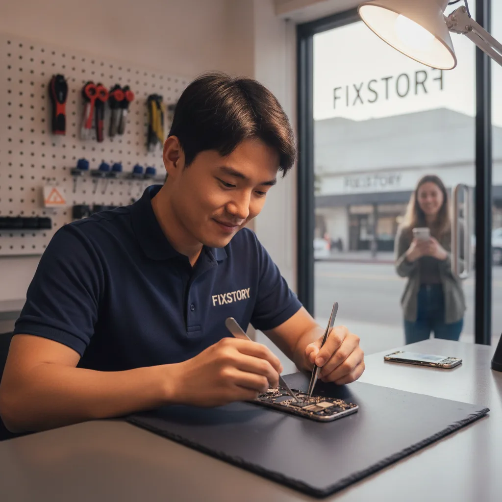 The exterior of the FIXSTORY shop in Downtown LA, with a customer walking out looking happy with the