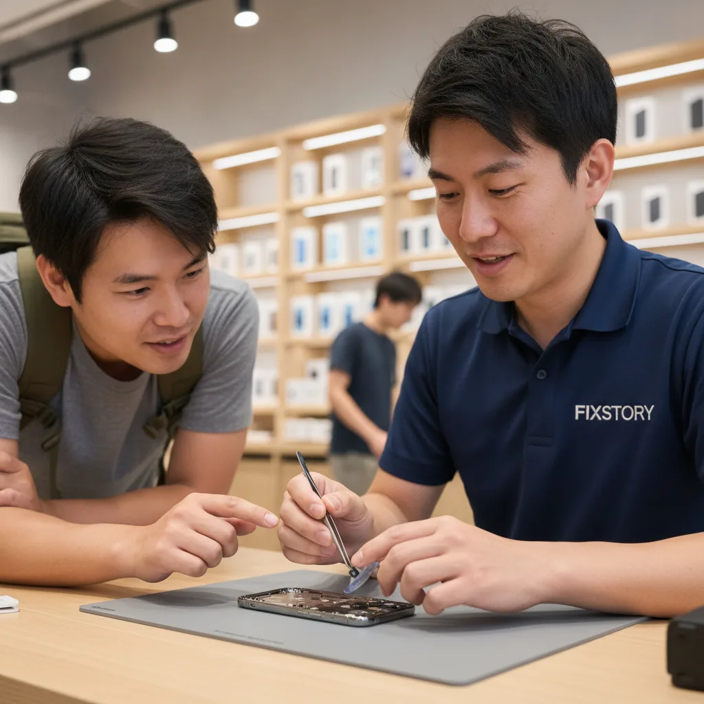 A technician at FIXSTORY carefully replacing an iPhone camera module at a workbench.