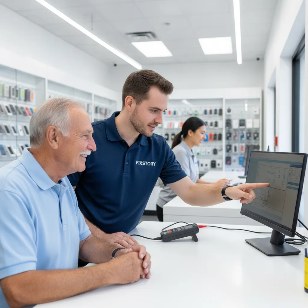 The front counter of FIXSTORY with a customer talking to a friendly technician