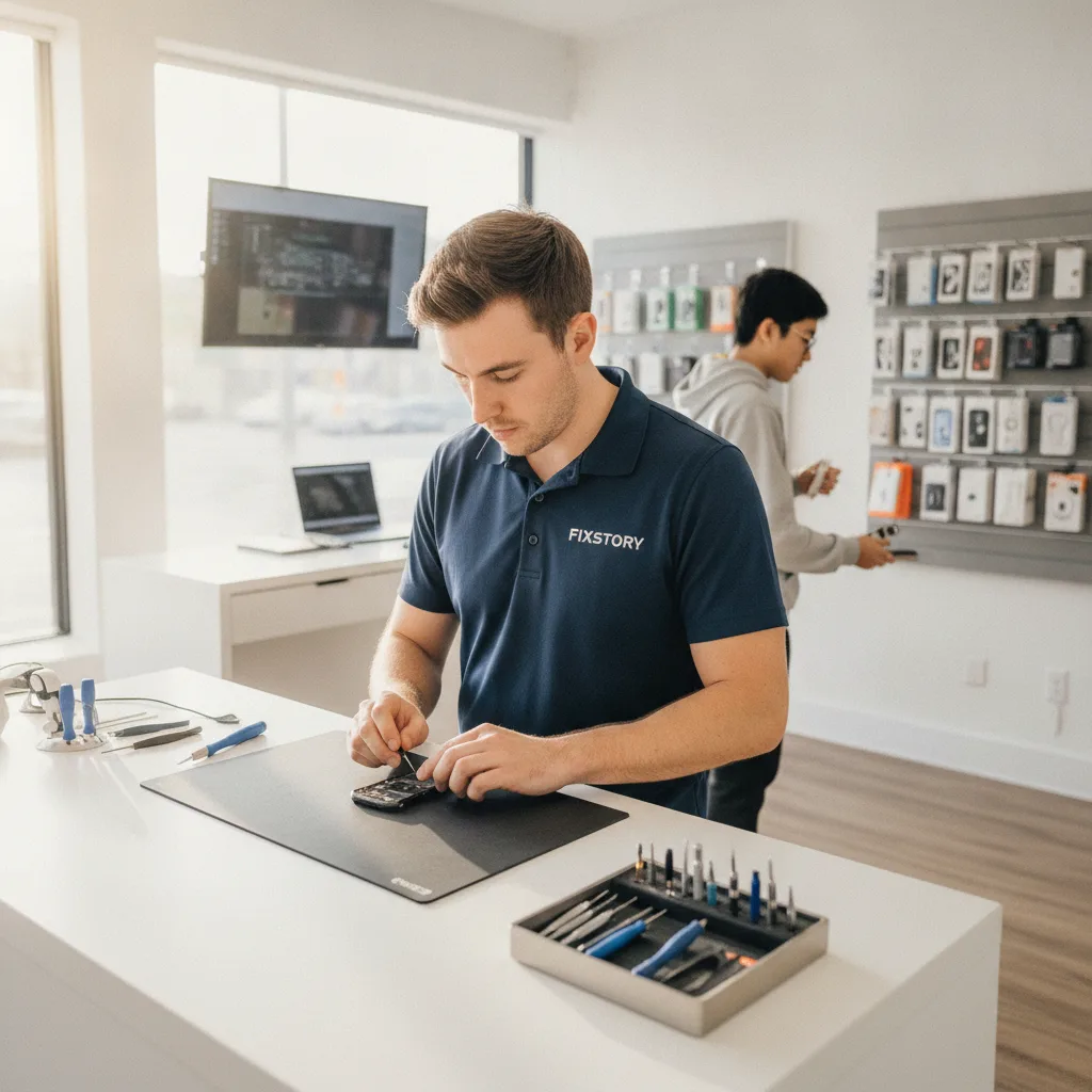 The interior of the FIXSTORY shop, with a technician at a well-lit workbench carefully examining an 