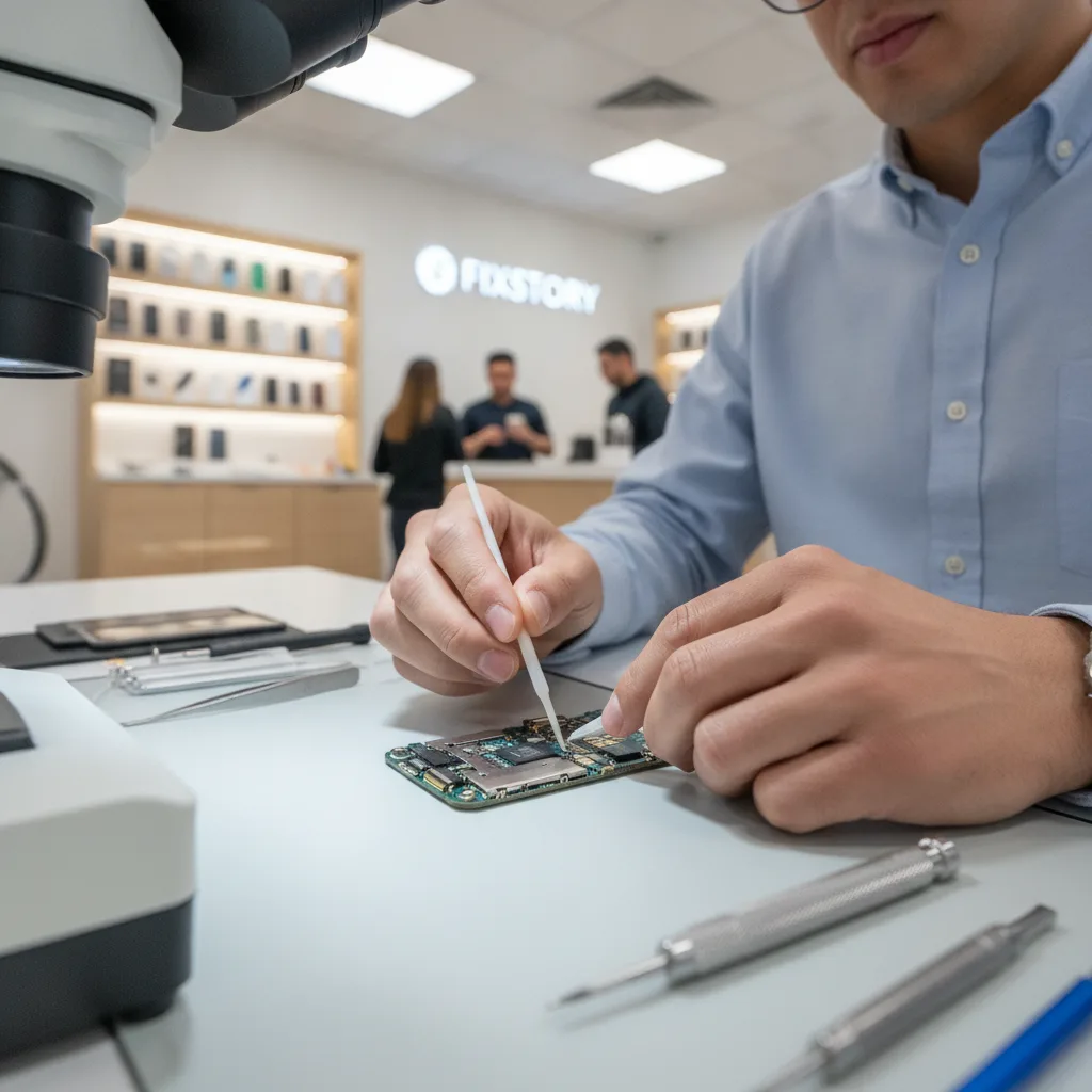 Technician at FIXSTORY using a microscope and microsoldering tools on a small iPhone logic board.