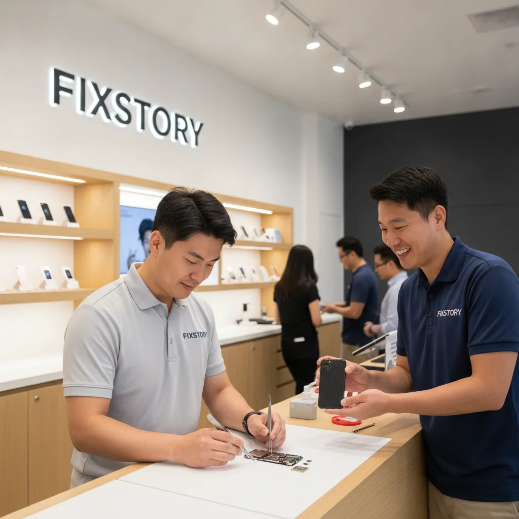 A friendly FIXSTORY technician in the Downtown LA shop handing a perfectly repaired iPhone back to a