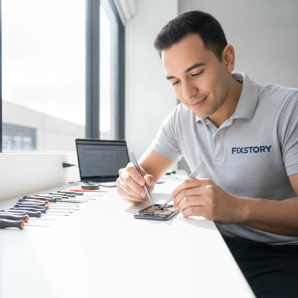 FIXSTORY technician carefully replacing an iPhone 13 screen at a workbench.