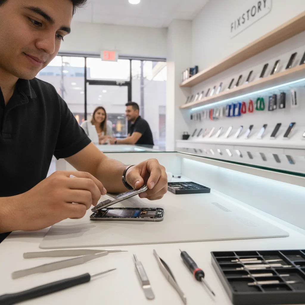 The front counter of the FIXSTORY shop in DTLA, clean and professional, with a customer being helped