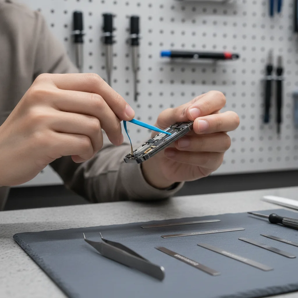 A close-up of a technician's hands carefully working on the delicate Face ID sensor array of an iPho