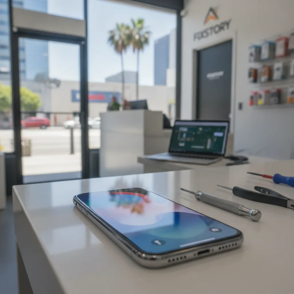 A person walking out of FIXSTORY in DTLA, smiling and looking at their newly repaired iPhone. The ba