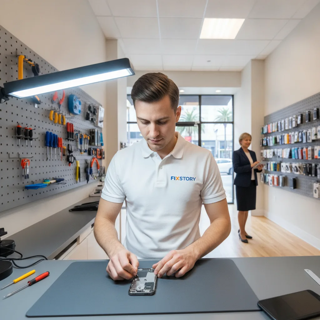 A technician's hands carefully placing a new screen on an iPhone 13 at a clean, well-lit repair benc