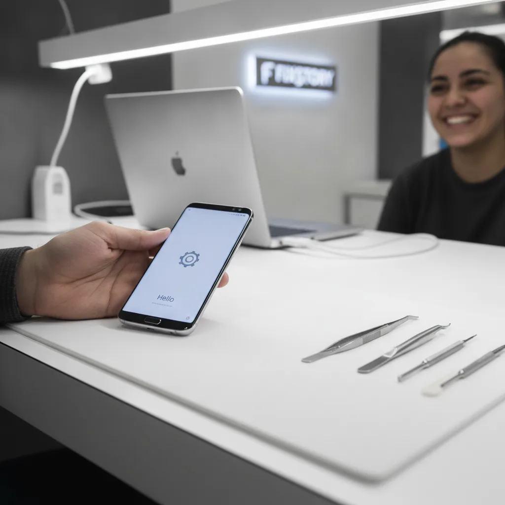 A customer smiling as they receive their repaired Samsung phone over the counter at FIXSTORY, phone 