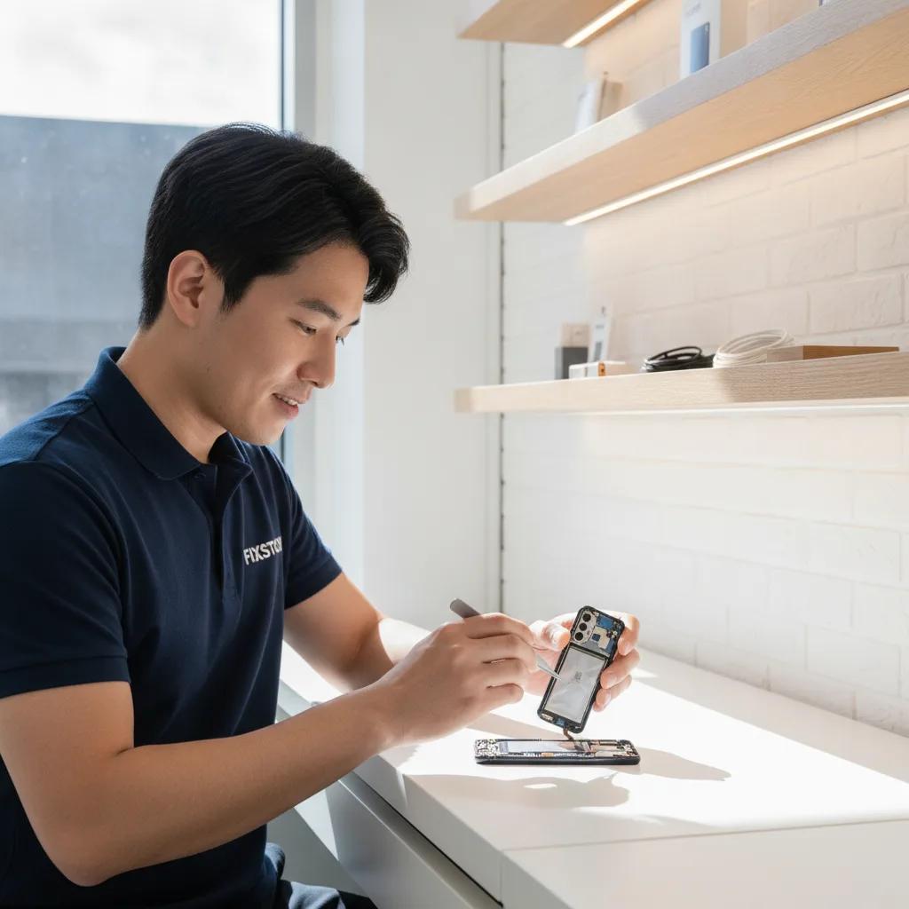 A technician at FIXSTORY carefully removing a swollen battery from a Samsung phone using proper safe