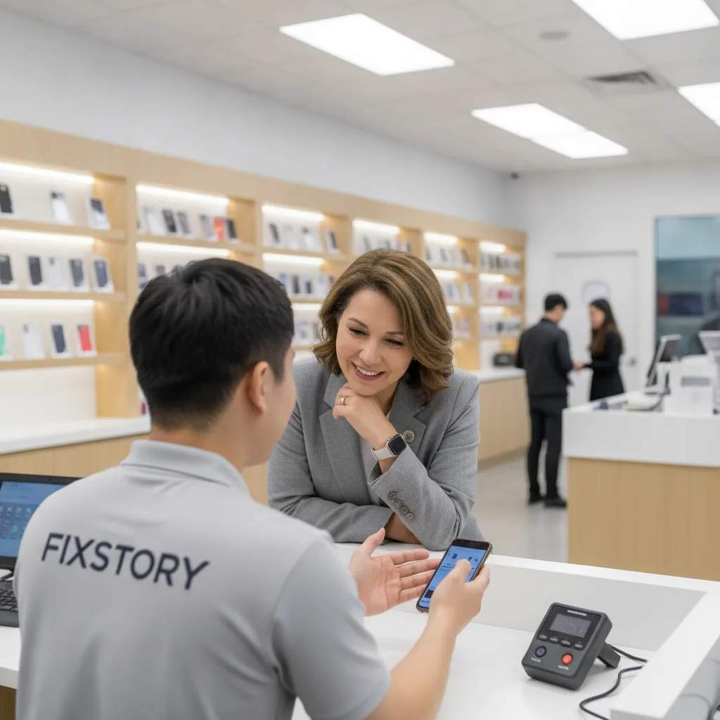 The inside of the FIXSTORY shop in Downtown LA, clean and professional, with a customer happily rece