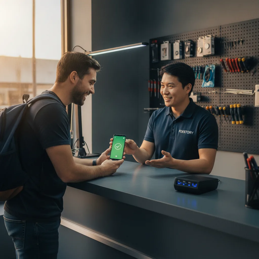 A smiling customer receiving their repaired Samsung phone over the counter at FIXSTORY, the phone lo