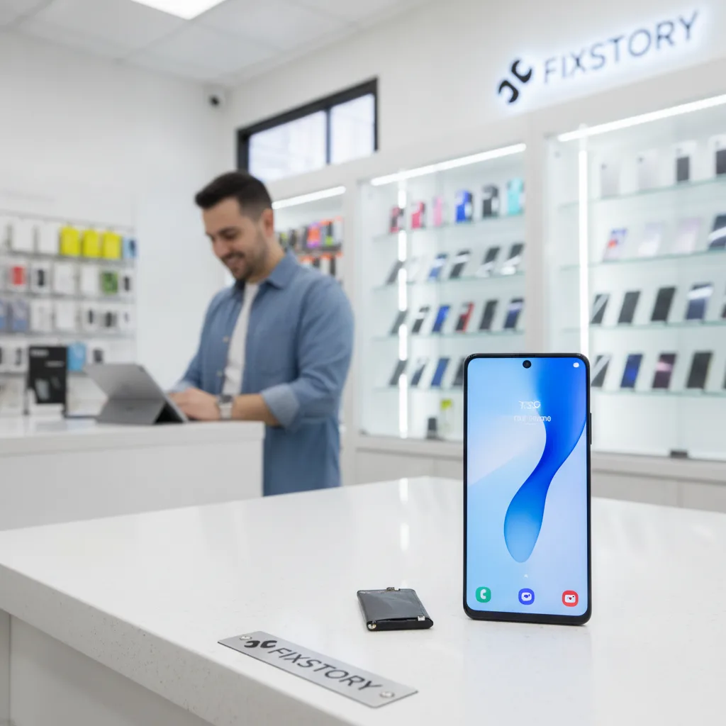 The front counter of FIXSTORY, with a friendly technician examining Kenji's swollen Samsung phone. T