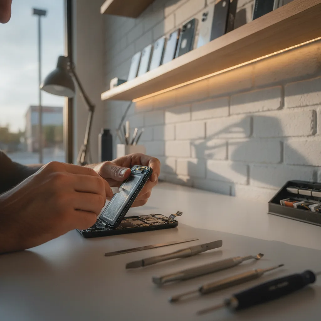 A technician at FIXSTORY carefully removing a dangerously swollen battery from a smartphone using sp