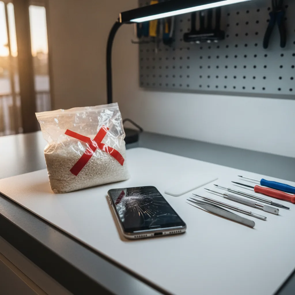 A picture showing a bag of rice with a red X over it next to a smartphone.