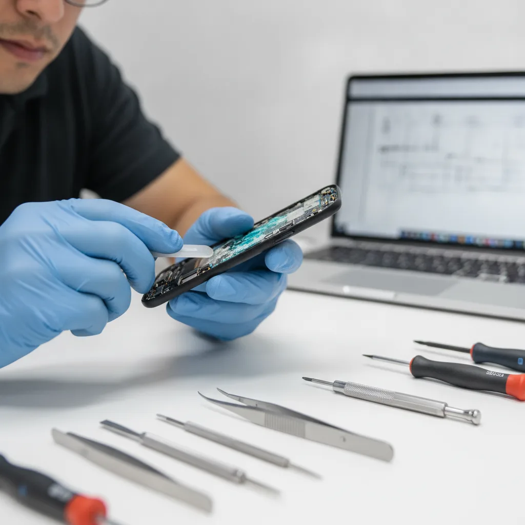 An open phone on a technician's workbench, showing the internal components and signs of water corros