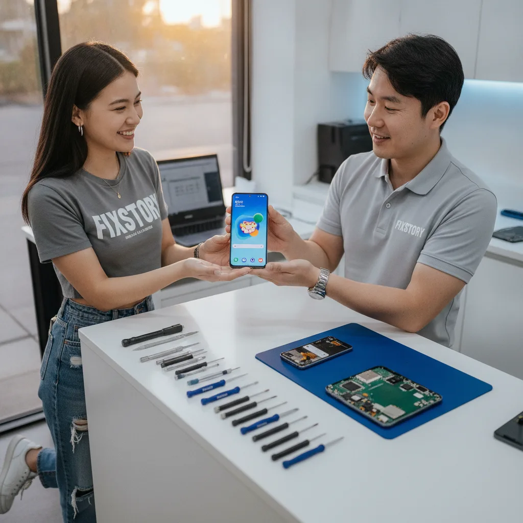 A technician's workbench showing a disassembled Samsung Galaxy phone, with visible signs of green an