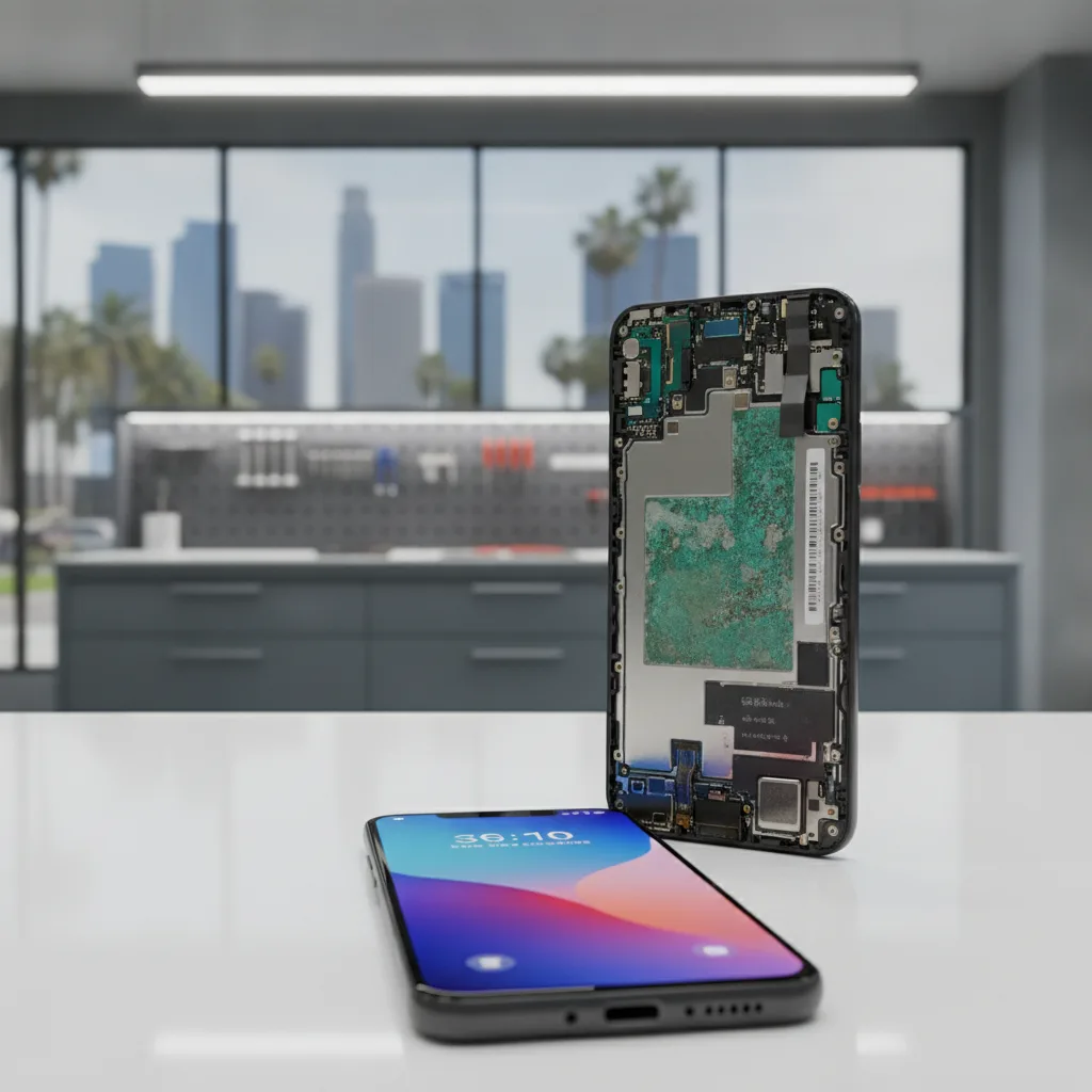 Inside of a water-damaged phone showing corrosion on the motherboard.