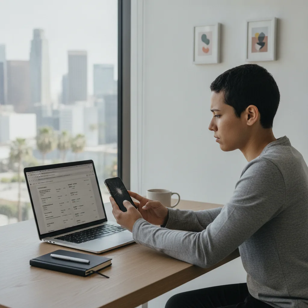 A person sitting at a desk looking at their broken phone and their laptop, comparing repair options 