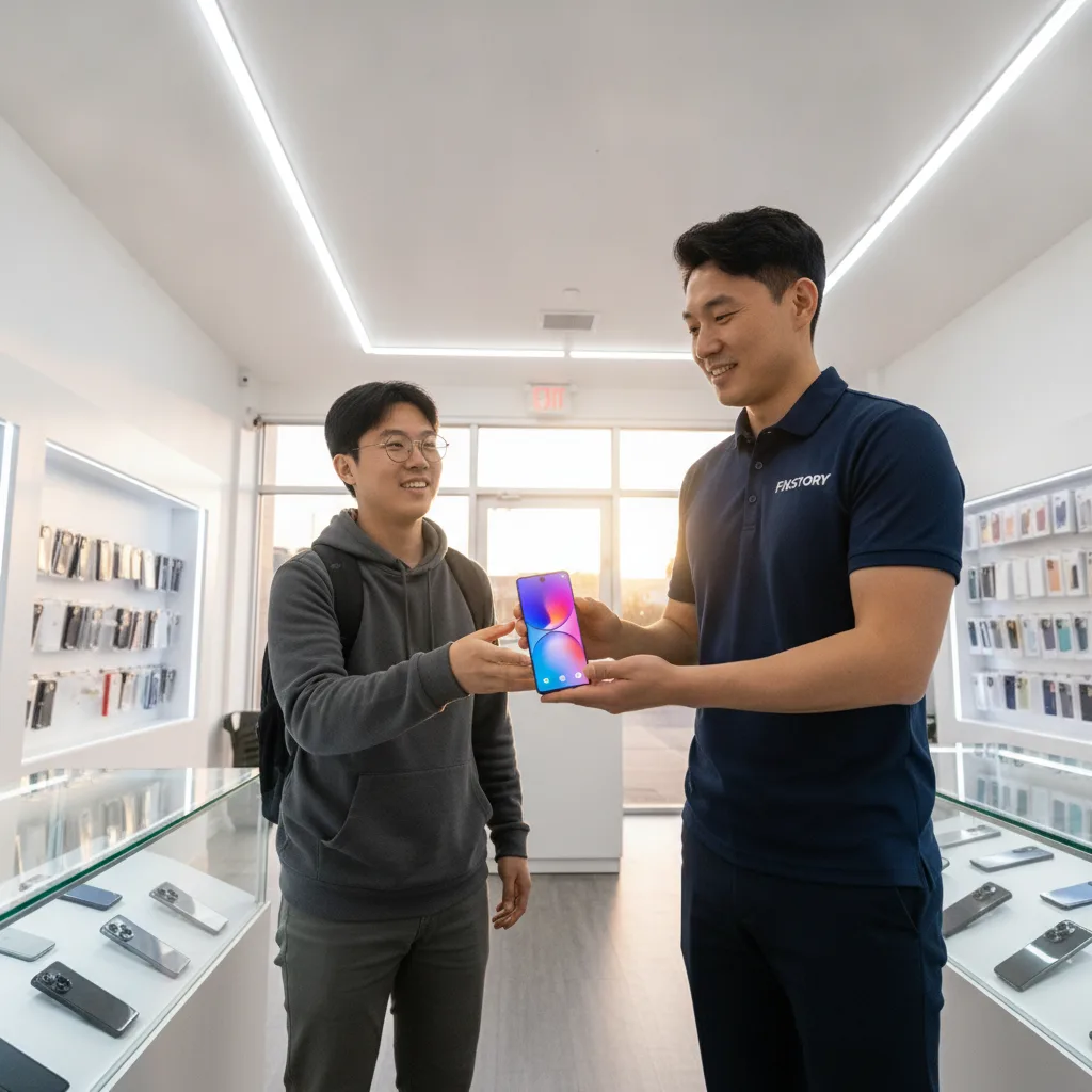 A happy customer leaving the FIXSTORY shop in DTLA, holding their perfectly repaired Galaxy S24.
