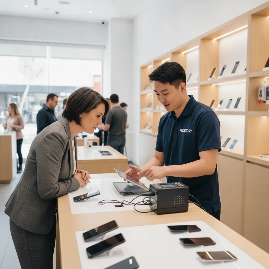 The clean, welcoming front counter of FIXSTORY, with various phones and tablets neatly arranged for 