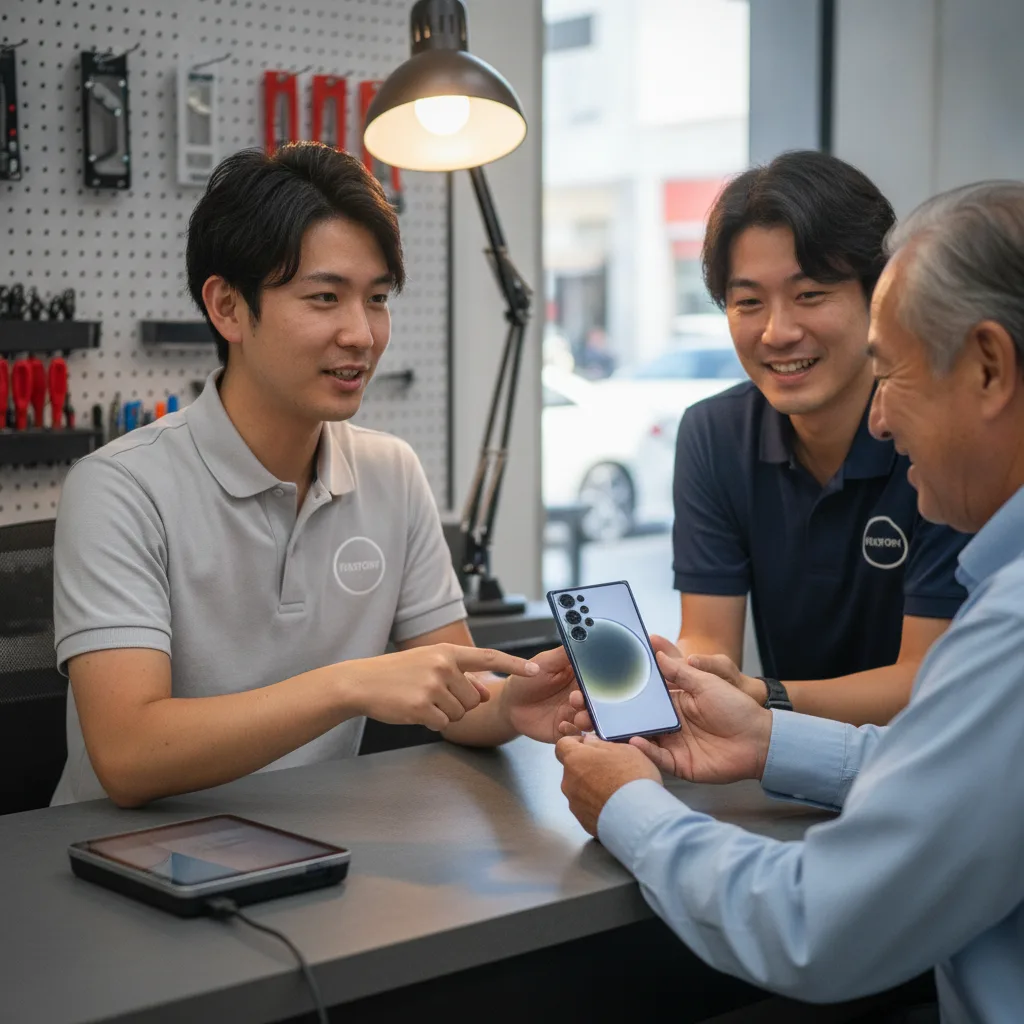 The FIXSTORY counter with a smiling technician handing a perfectly repaired Galaxy S24 back to a cus