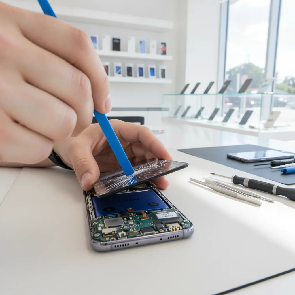 A technician's hands carefully lifting a cracked Galaxy S24 screen, showing the internal components 