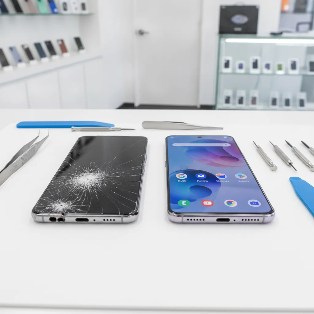 A side-by-side view of a cracked Galaxy S24 next to a fully repaired one with a bright, flawless scr