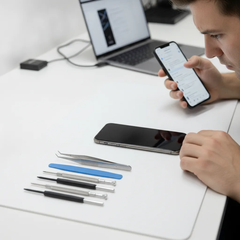 A person looking stressed at a phone with a completely black, non-functional screen.