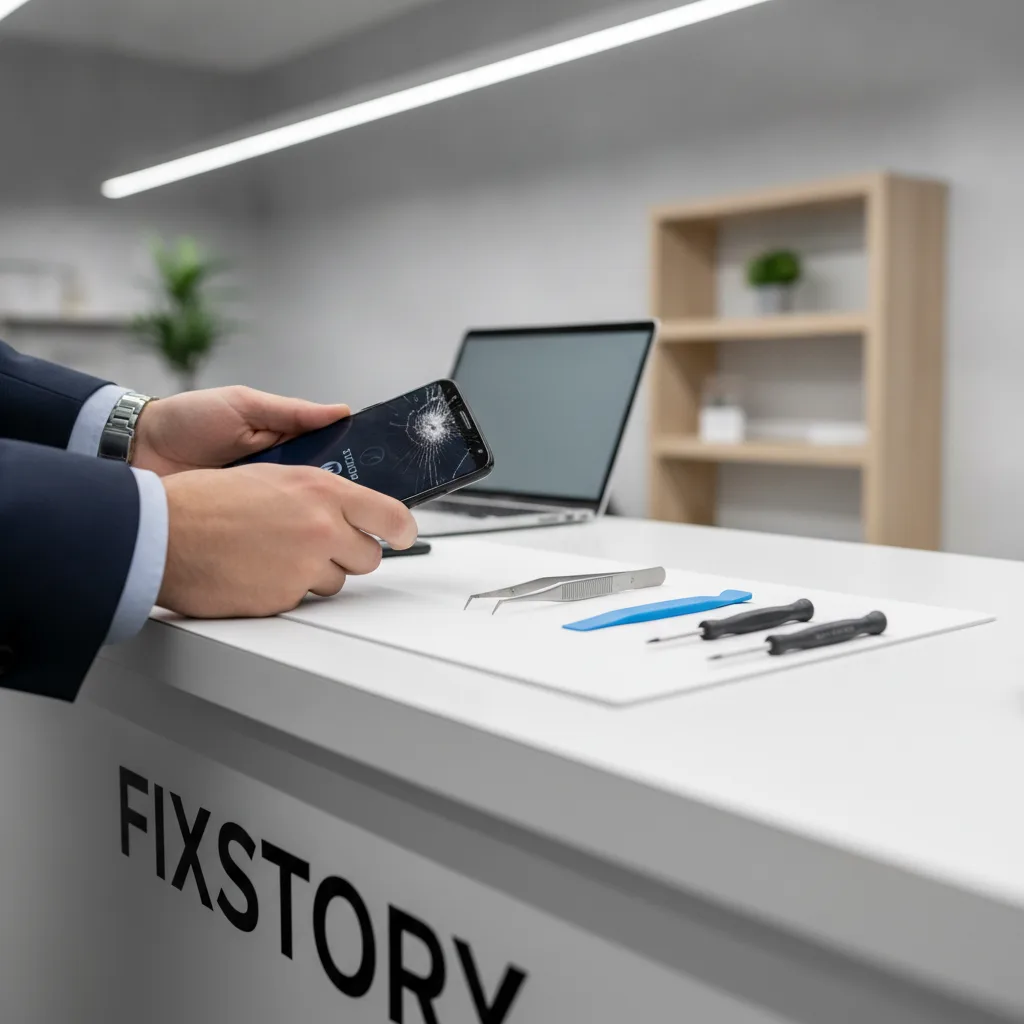 A person in business attire dropping off a cracked Motorola phone at the FIXSTORY counter during wha