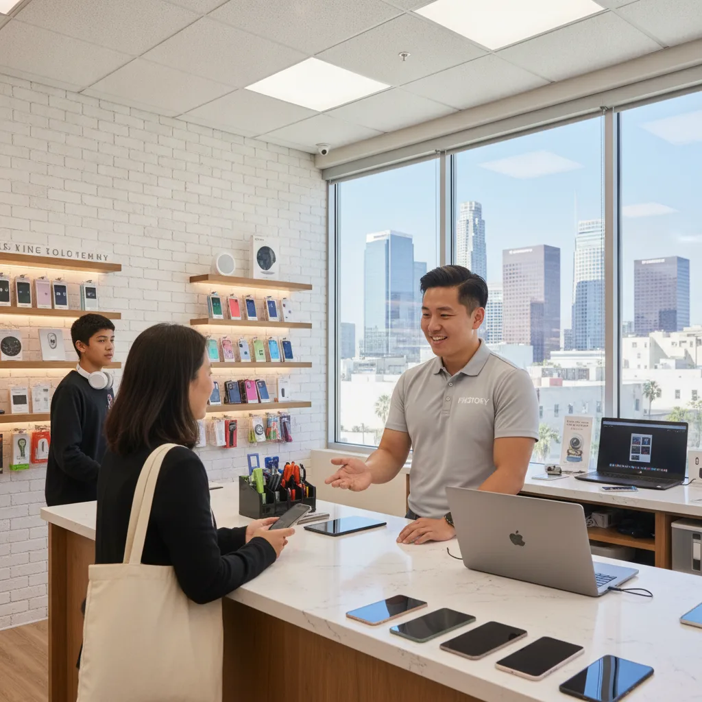 The front counter of FIXSTORY with a friendly technician talking to a customer, with the Downtown LA