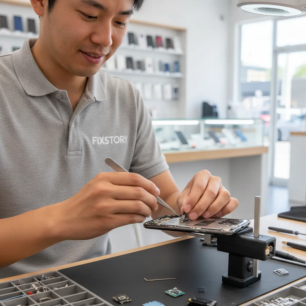 A smiling customer receiving their repaired Motorola phone over the counter at FIXSTORY in Downtown 