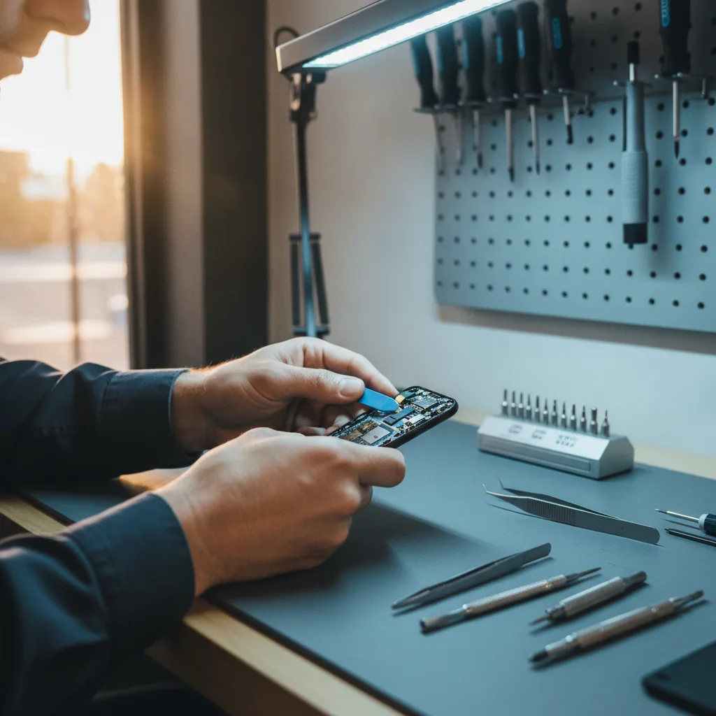 A technician's workbench with a disassembled smartphone, showing the logic board and repair tools.