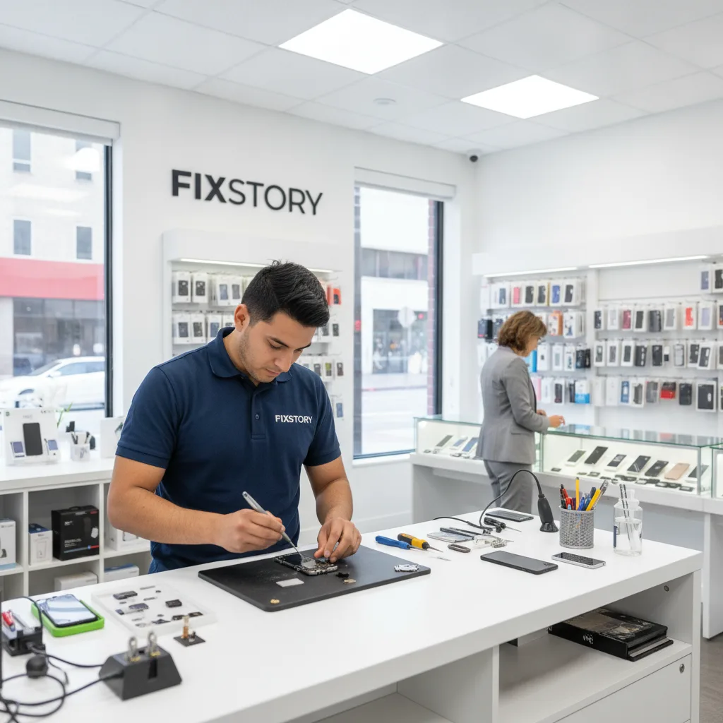 A technician's workbench at FIXSTORY with tools and an open phone showing internal components.