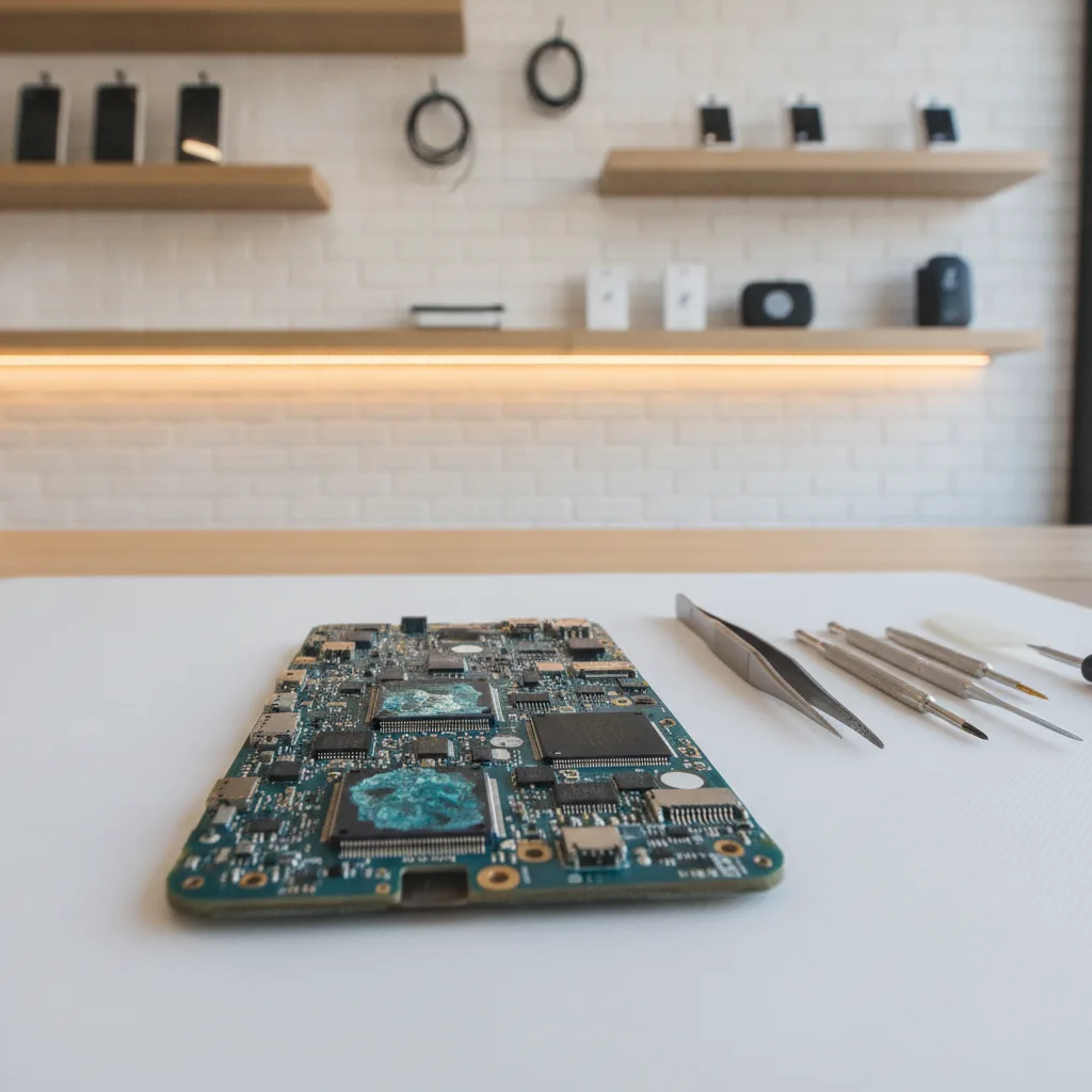 Close-up of a corroded logic board from a water-damaged phone, showing blue-green residue on the chi