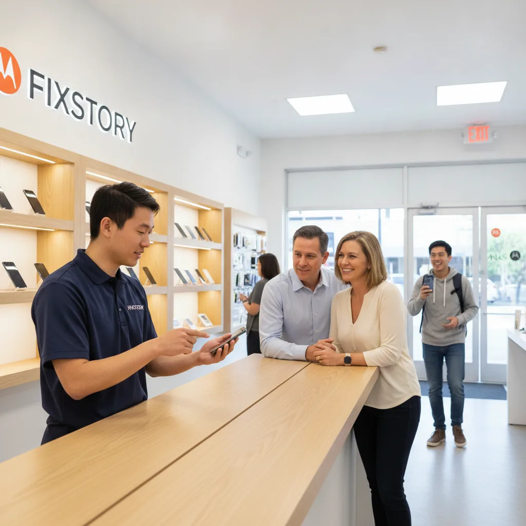 A happy student walking out of the FIXSTORY shop in Downtown LA, looking at his repaired Motorola ph