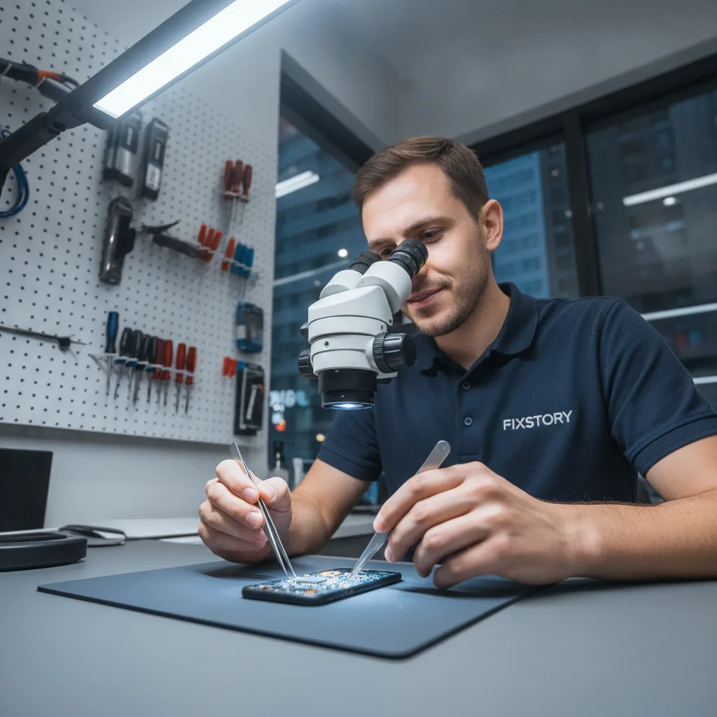 A technician at FIXSTORY using a microscope to inspect a smartphone's logic board