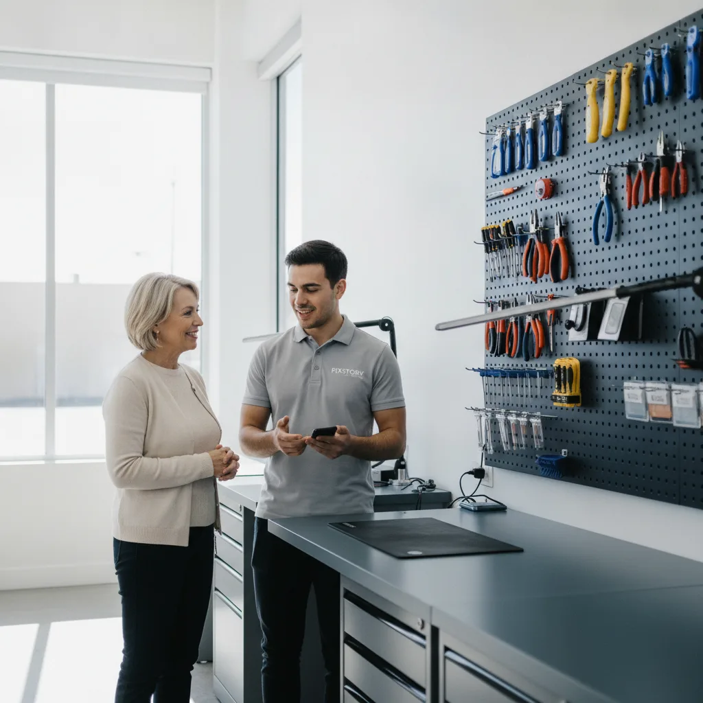 A customer looking relieved and happy while a technician hands back their repaired Motorola phone ov