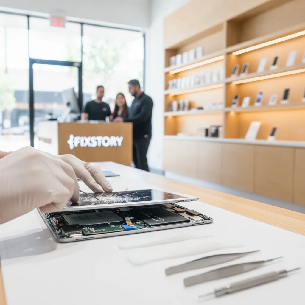 An expert technician at FIXSTORY carefully lifting a damaged iPad Pro screen, showing the internal c