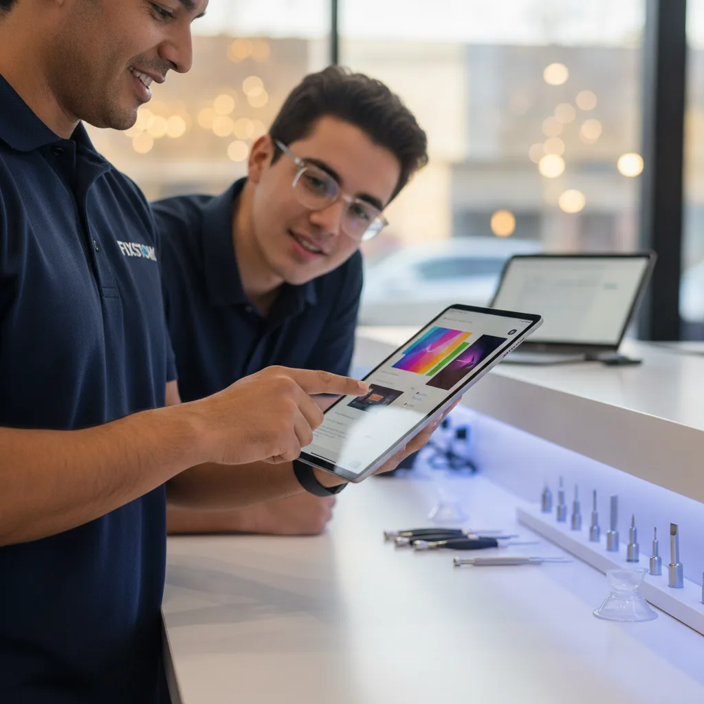 The same iPad Pro from the first image, now with a pristine, repaired screen, displaying a vibrant g