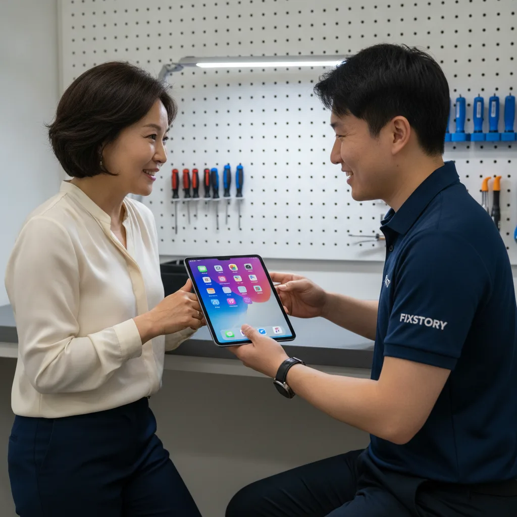 The 'after' shot — a pristine, glowing iPad Pro screen showing a vibrant home screen, held by a ha