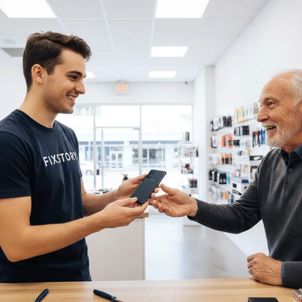 Close-up of a technician's hands using specialized non-conductive tools on a Samsung phone's USB-C charging port