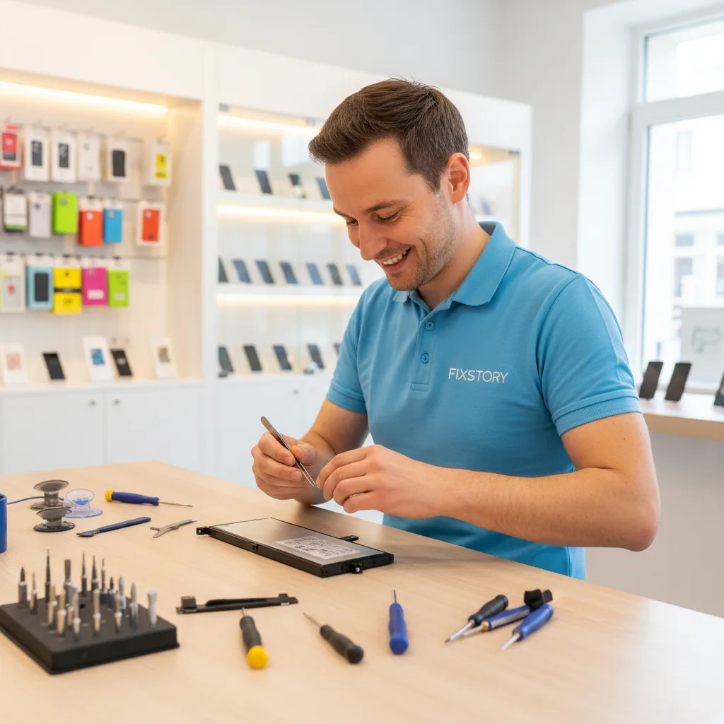 Close-up of a new MacBook battery pack next to the tools required for replacement on a technician's workbench
