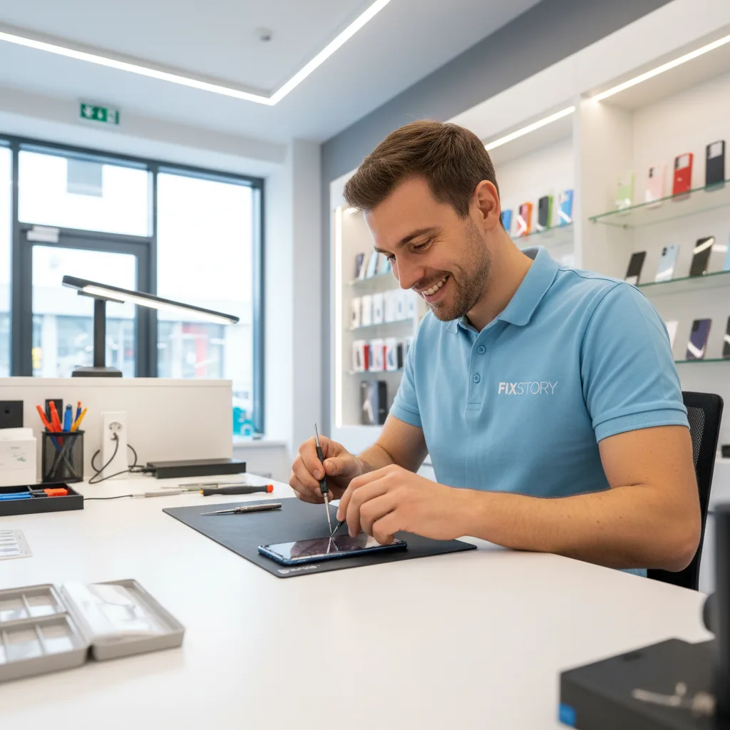 A close-up shot of a technician's hands carefully fitting a new screen onto a Samsung Galaxy S-series phone.