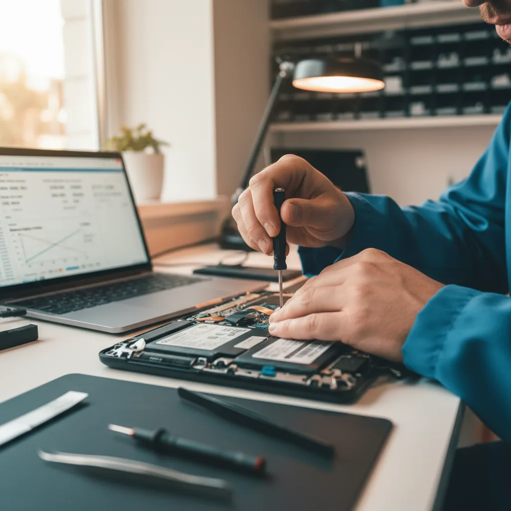 technician using diagnostic software on a laptop to check the battery health and cycle count of a MacBook Pro with M5 chip